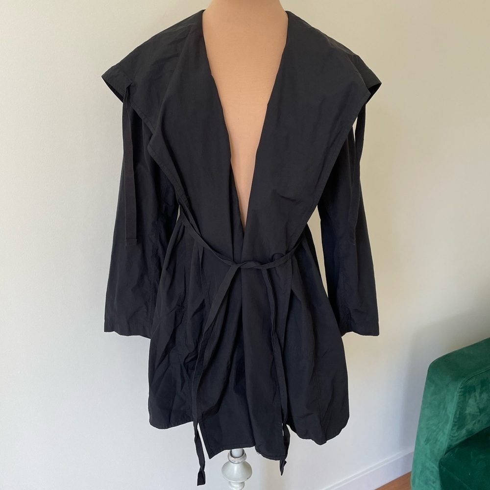 Eileen Fisher Cotton Nylon Black Weather Resistant Tie Front Trench Coat EUC XSP